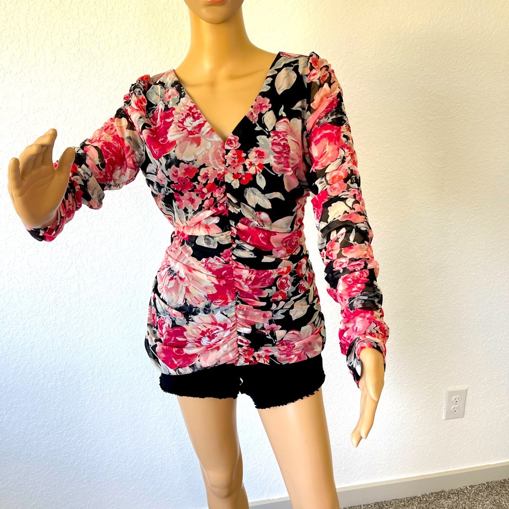 WHITE HOUSE BLACK MARKET Long Sleeve Top, Floral, V Neck, Size (L)